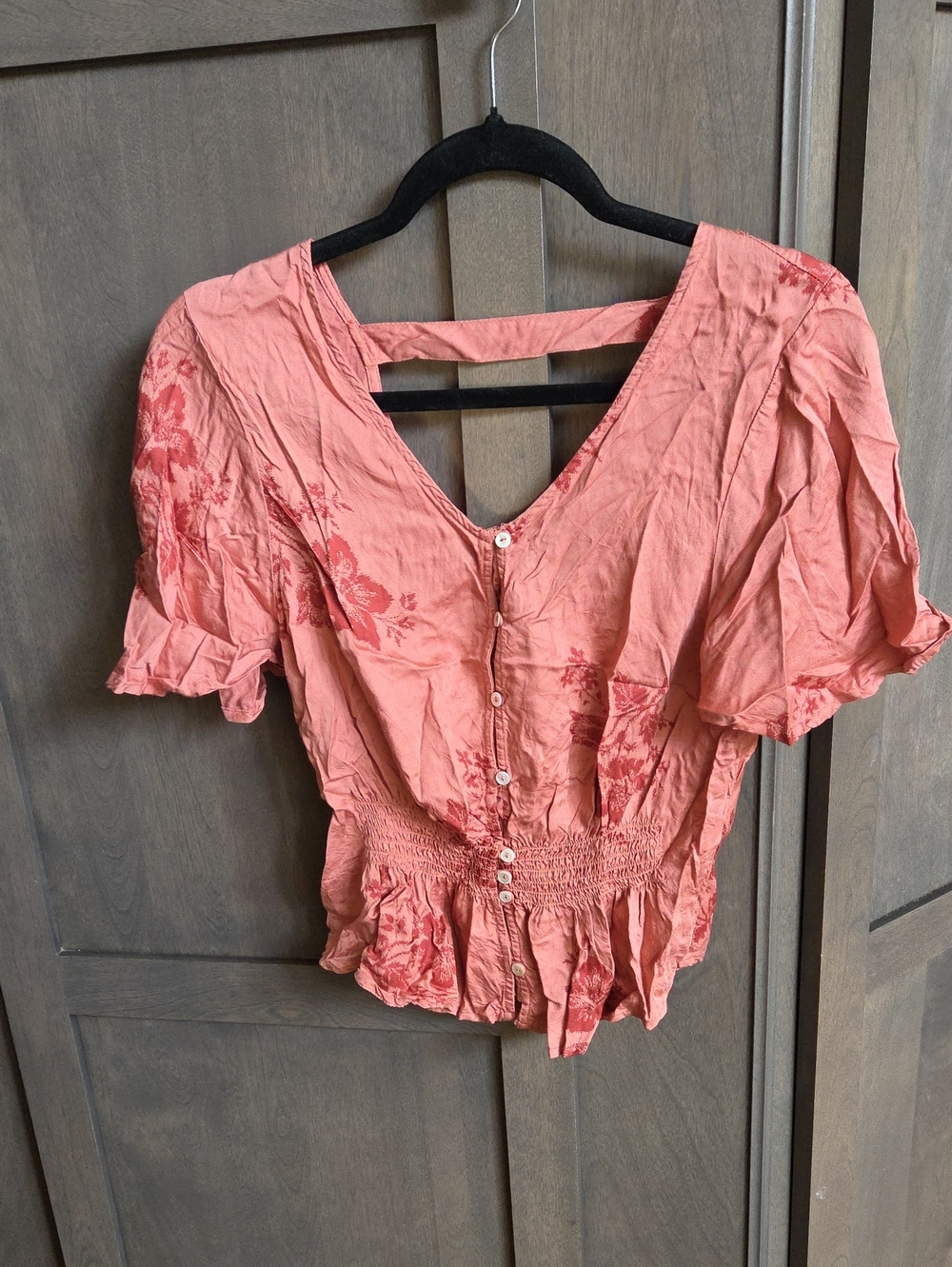 Billabong Coral-Pink Floral Buttoned Peplum Top